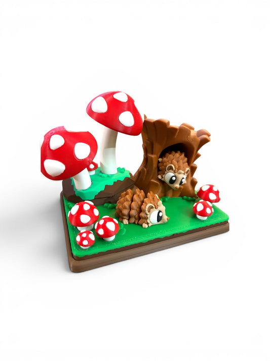 3D Printed Hedgehog Mushroom Forest Playset-Articulated Fidget Toy & Woodland Decor
