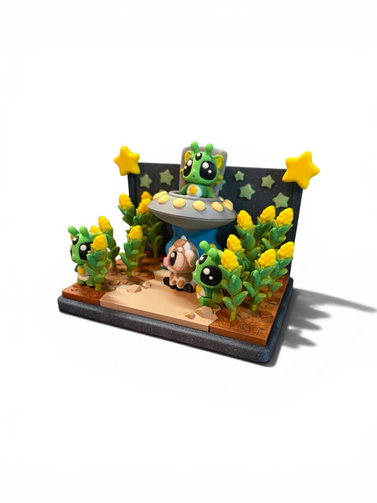 Cute Alien Farm Scene 3D Printed Display -UFO Abduction Mini Diorama